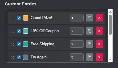 Managing the list of current entries on the prize wheel