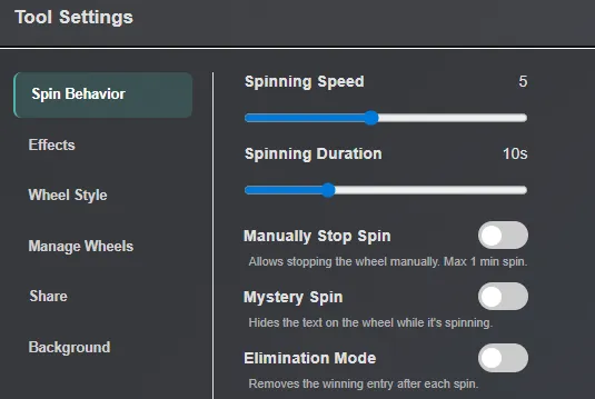 Accessing the tool settings for the prize wheel
