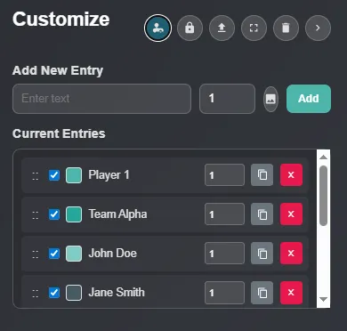 Editing entries section for the random name picker wheel