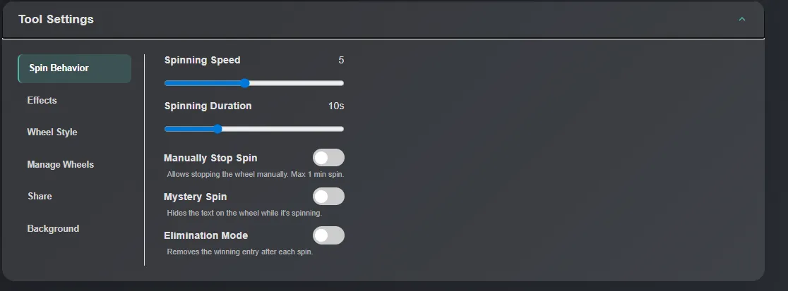Tool settings panel for customizing the Truth or Dare wheel.