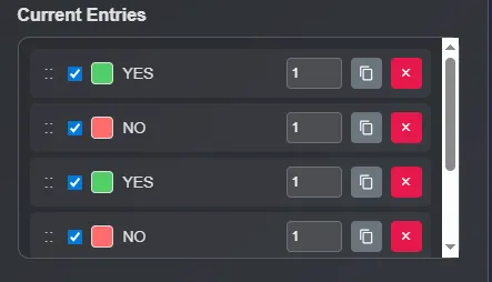 Current entries for the Yes or No wheel, showing 'YES' and 'NO' options.